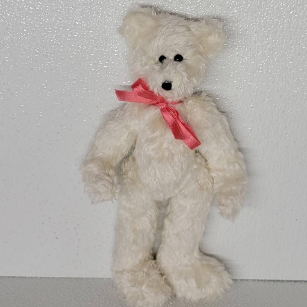 Vintage 1992 Ty Attic Treasure Nola White Bear Plush Black Nose Pink Ribbon Bow